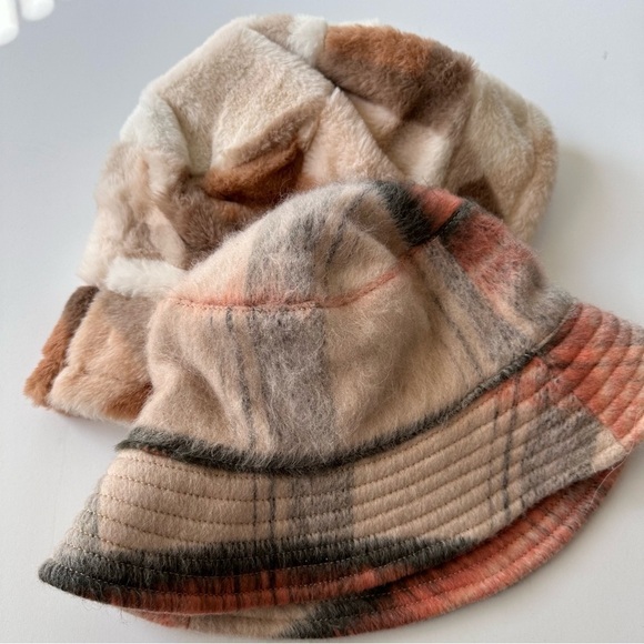 Bundle of two neutral plaid bucket hats, faux fur and wool blend. One size - Picture 2 of 6